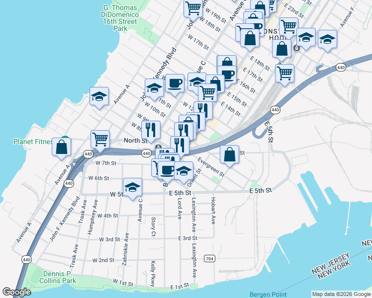 map of restaurants, bars, coffee shops, grocery stores, and more near Broadway & West 8th Street in Bayonne