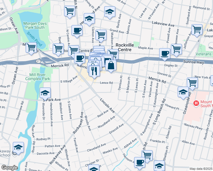 map of restaurants, bars, coffee shops, grocery stores, and more near 50 Lenox Road in Rockville Centre