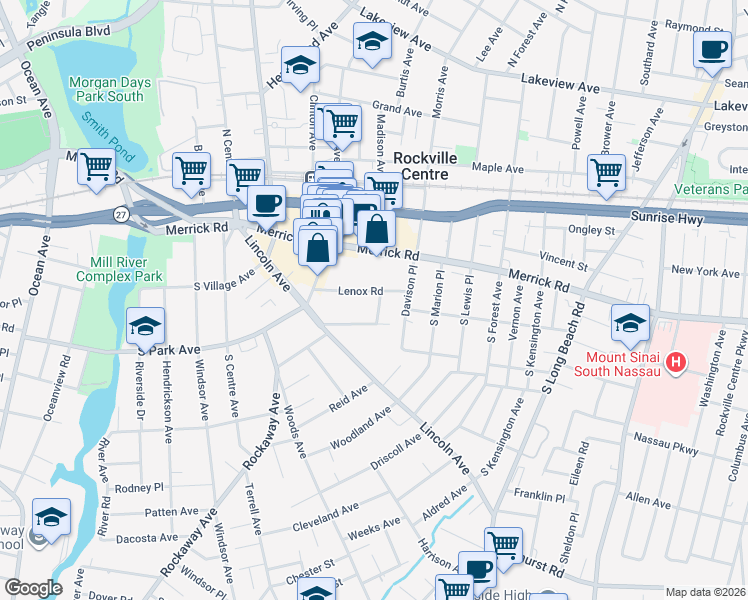 map of restaurants, bars, coffee shops, grocery stores, and more near 50 Lenox Road in Rockville Centre