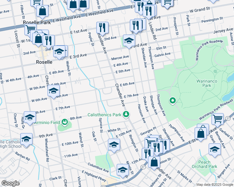 map of restaurants, bars, coffee shops, grocery stores, and more near 608 Chandler Avenue in Roselle