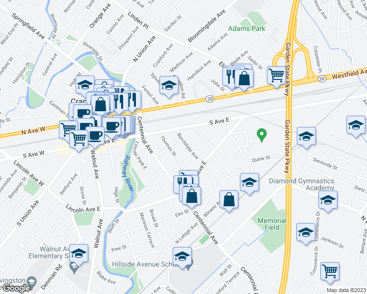 map of restaurants, bars, coffee shops, grocery stores, and more near 12 Burchfield Avenue in Cranford