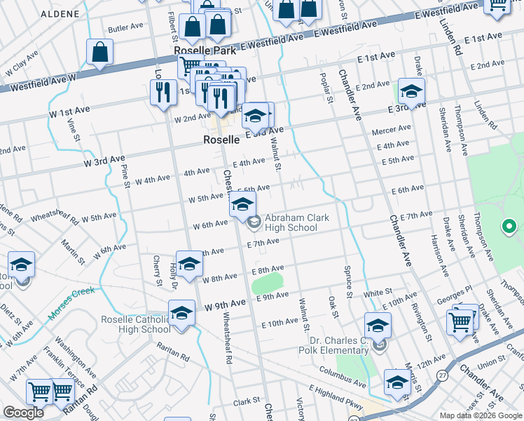 map of restaurants, bars, coffee shops, grocery stores, and more near 133 East 6th Avenue in Roselle