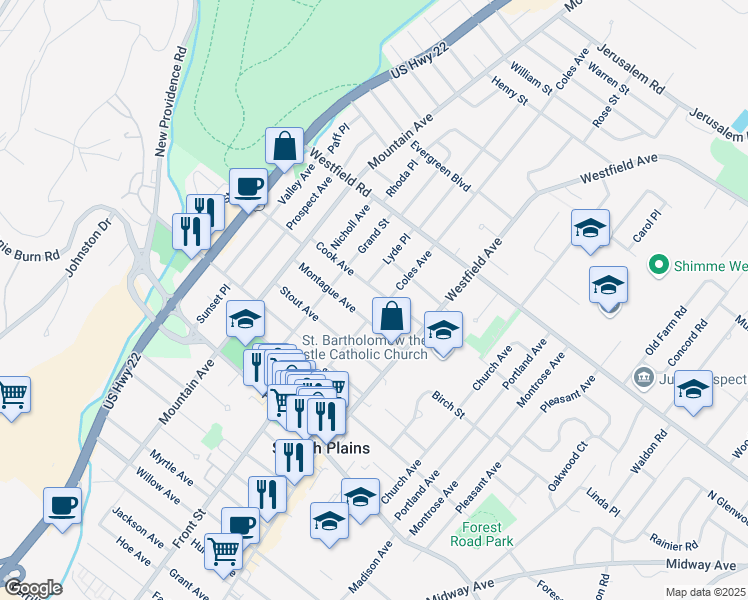 map of restaurants, bars, coffee shops, grocery stores, and more near 384 Cook Avenue in Scotch Plains