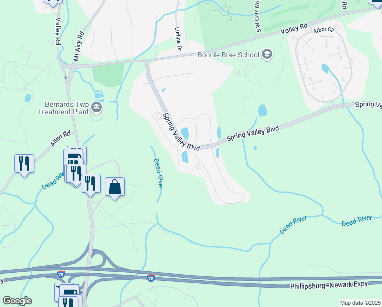 map of restaurants, bars, coffee shops, grocery stores, and more near 240 Penns Way in Bernards
