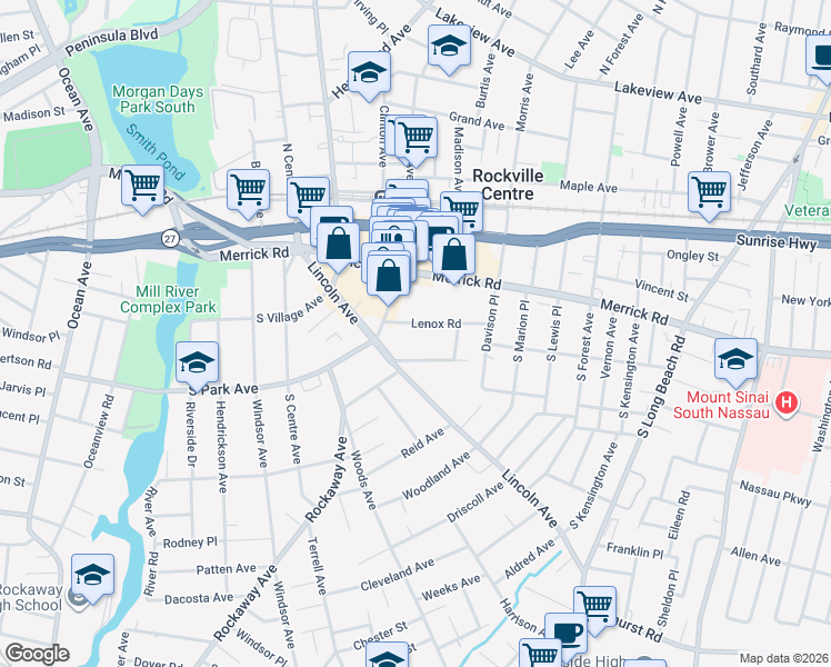 map of restaurants, bars, coffee shops, grocery stores, and more near 30 Lenox Road in Rockville Centre
