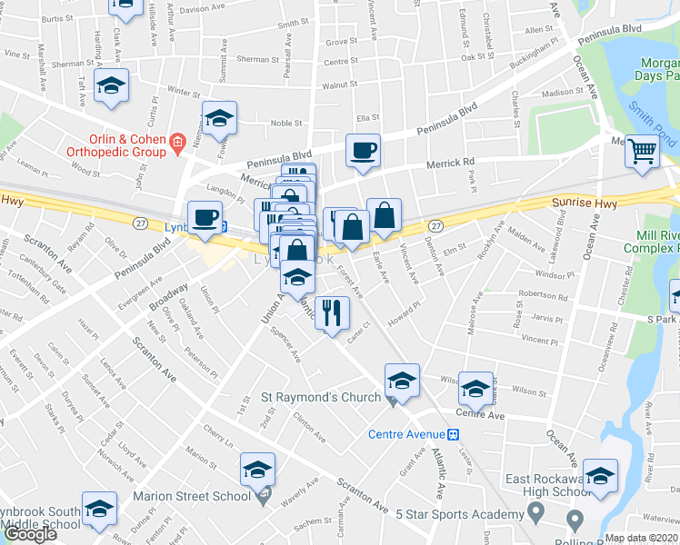 map of restaurants, bars, coffee shops, grocery stores, and more near 12-9 Lincoln Place in Lynbrook