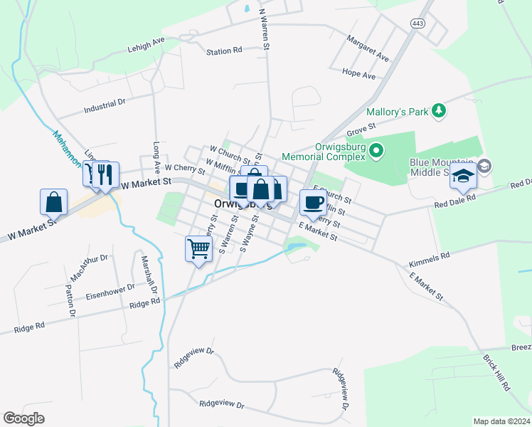 map of restaurants, bars, coffee shops, grocery stores, and more near 212 East Market Street in Orwigsburg