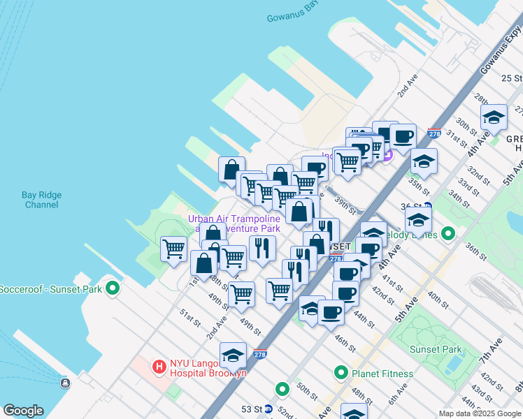 map of restaurants, bars, coffee shops, grocery stores, and more near 4290 1st Avenue in Brooklyn