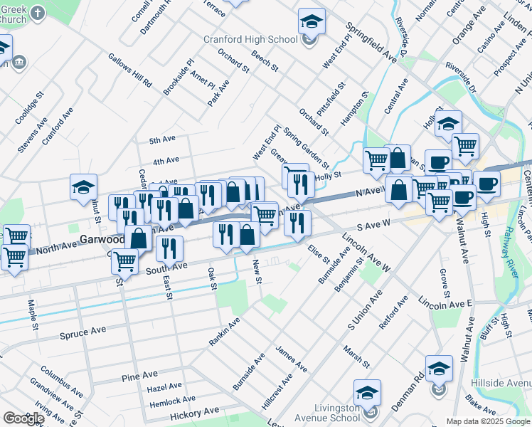 map of restaurants, bars, coffee shops, grocery stores, and more near 40 North Avenue in Garwood