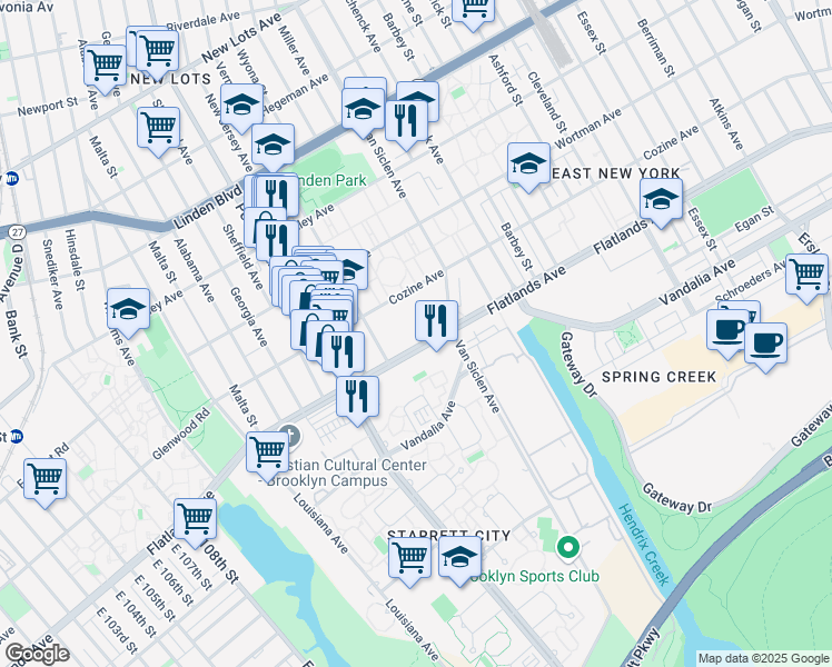 map of restaurants, bars, coffee shops, grocery stores, and more near 12205 Flatlands Avenue in Brooklyn