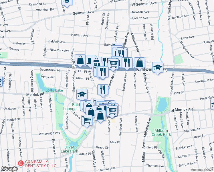 map of restaurants, bars, coffee shops, grocery stores, and more near 2322 Grand Avenue in Baldwin
