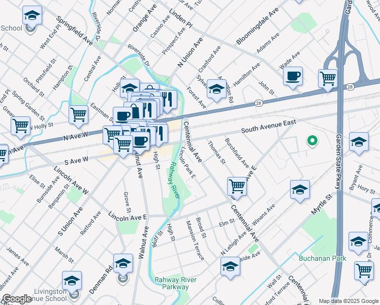 map of restaurants, bars, coffee shops, grocery stores, and more near 83 Centennial Avenue in Cranford