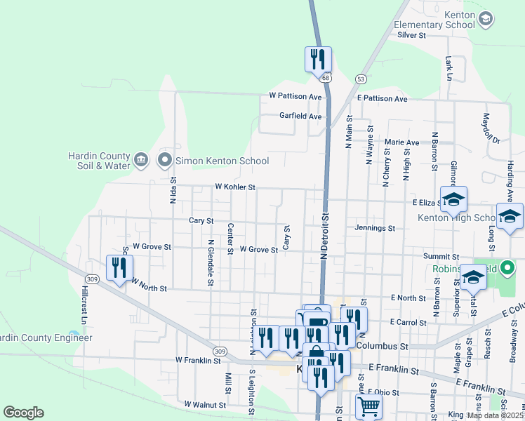 map of restaurants, bars, coffee shops, grocery stores, and more near 526 North Leighton Street in Kenton