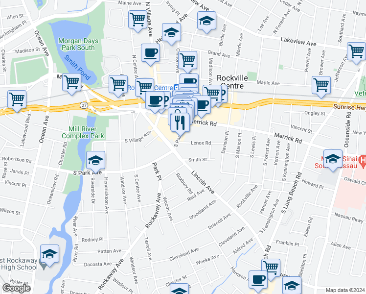map of restaurants, bars, coffee shops, grocery stores, and more near 10 Lenox Road in Rockville Centre
