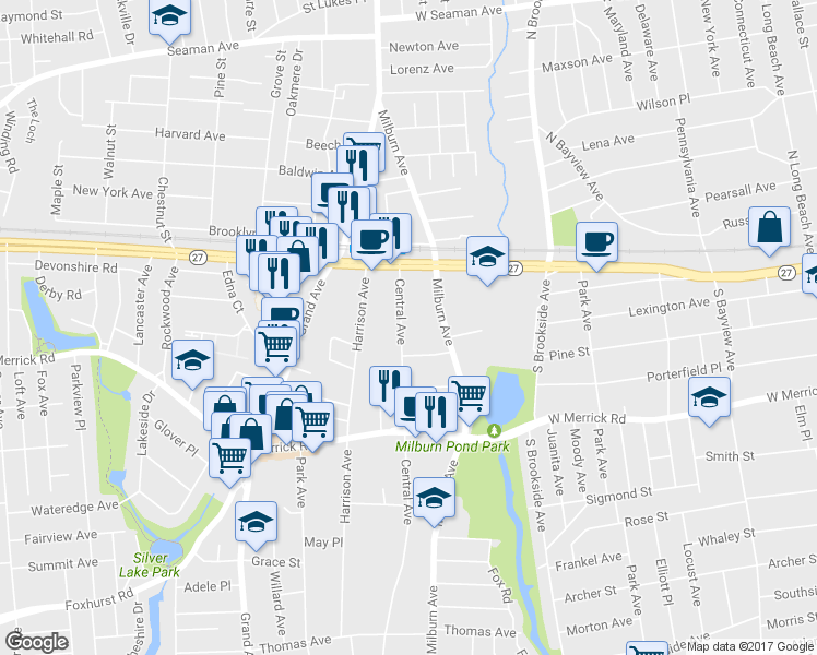 map of restaurants, bars, coffee shops, grocery stores, and more near 2341 Central Avenue in Baldwin
