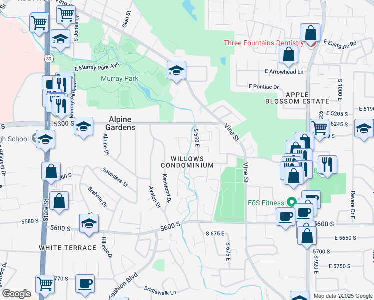map of restaurants, bars, coffee shops, grocery stores, and more near 426 East Creekside Circle in Murray