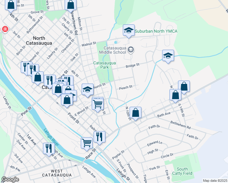 map of restaurants, bars, coffee shops, grocery stores, and more near 224 Saint John Street in Catasauqua