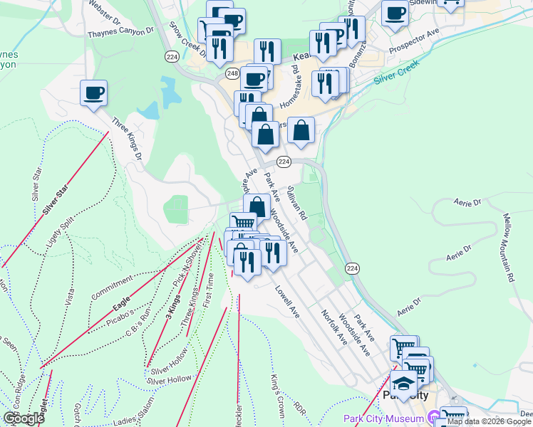 map of restaurants, bars, coffee shops, grocery stores, and more near 1482 Empire Avenue in Park City