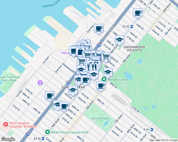 map of restaurants, bars, coffee shops, grocery stores, and more near 351 37th Street in Brooklyn