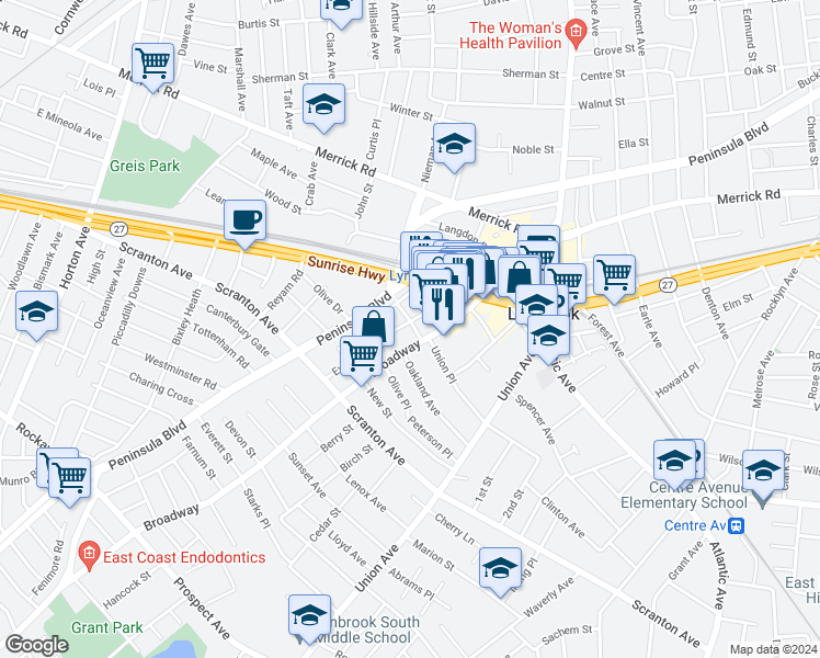 map of restaurants, bars, coffee shops, grocery stores, and more near 96 Evergreen Avenue in Lynbrook