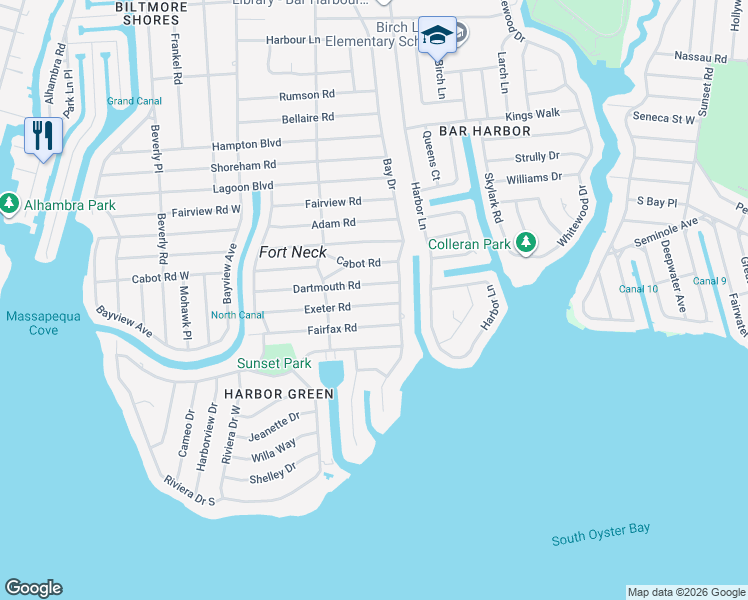 map of restaurants, bars, coffee shops, grocery stores, and more near 145 Exeter Road in Massapequa