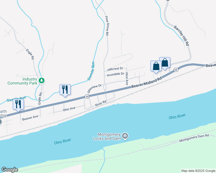 map of restaurants, bars, coffee shops, grocery stores, and more near 122 Pine Grove Road in Beaver