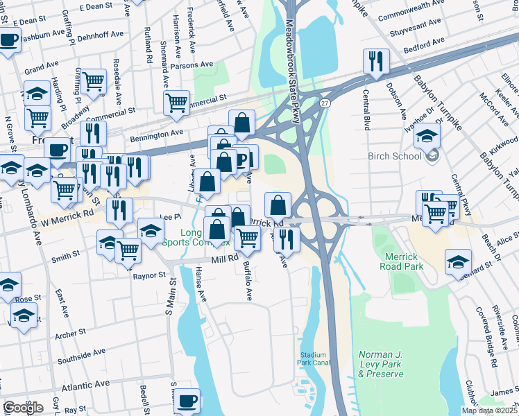 map of restaurants, bars, coffee shops, grocery stores, and more near 30 Albany Avenue in Freeport