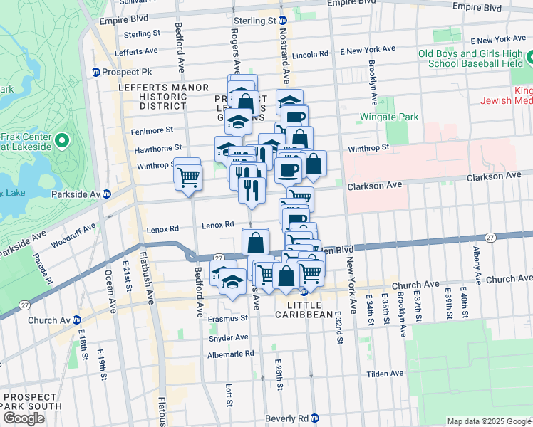 map of restaurants, bars, coffee shops, grocery stores, and more near 223 Lenox Road in Brooklyn