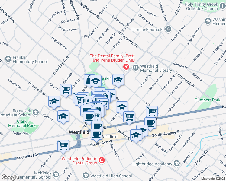 map of restaurants, bars, coffee shops, grocery stores, and more near in Westfield