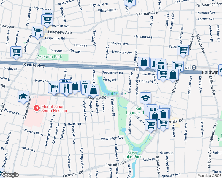 map of restaurants, bars, coffee shops, grocery stores, and more near 22 Derby Road in Baldwin