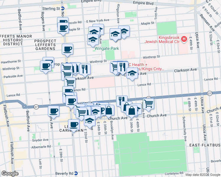 map of restaurants, bars, coffee shops, grocery stores, and more near 450 Lenox Road in Brooklyn