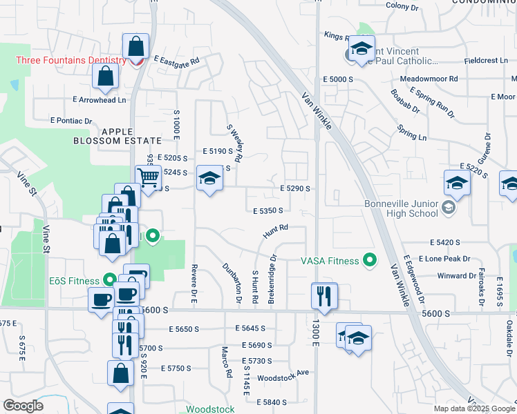 map of restaurants, bars, coffee shops, grocery stores, and more near 1157 Castlecreek Drive in Salt Lake City