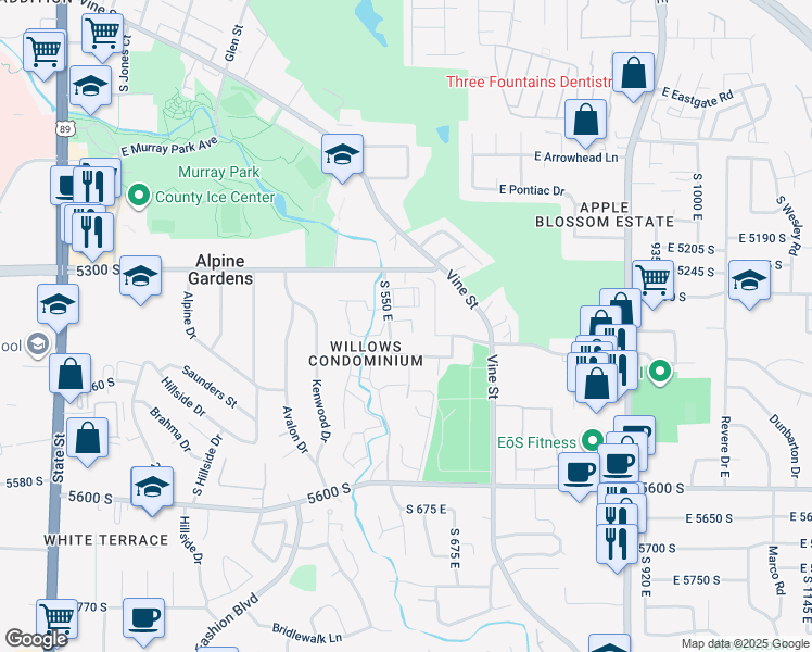 map of restaurants, bars, coffee shops, grocery stores, and more near 5348 Trunk Bay Circle in Murray