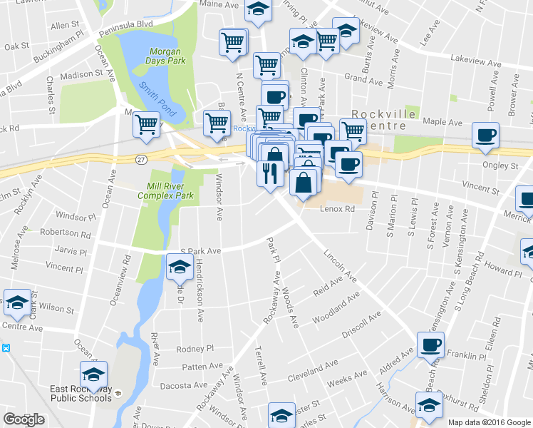 map of restaurants, bars, coffee shops, grocery stores, and more near 25 Lincoln Court in Rockville Centre