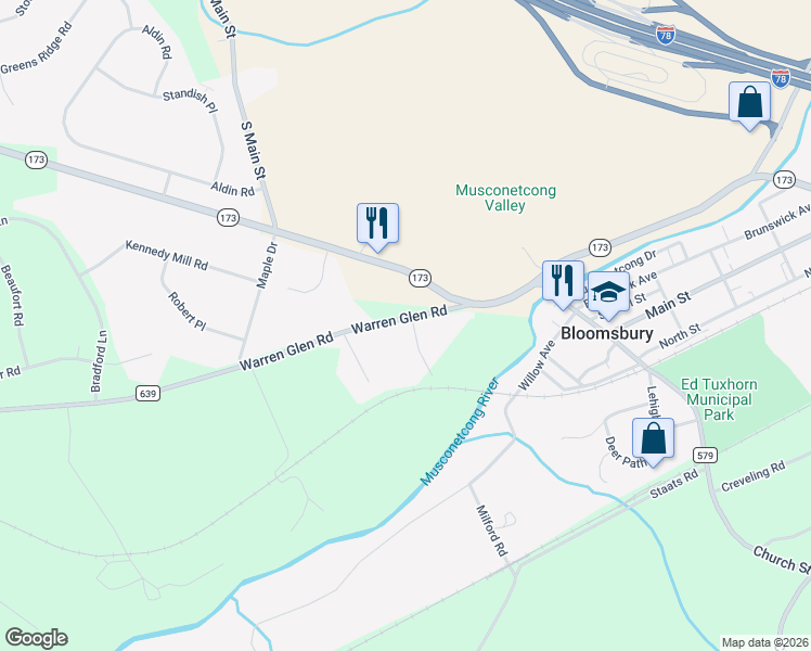 map of restaurants, bars, coffee shops, grocery stores, and more near 722 Warren Glen Road in Bloomsbury
