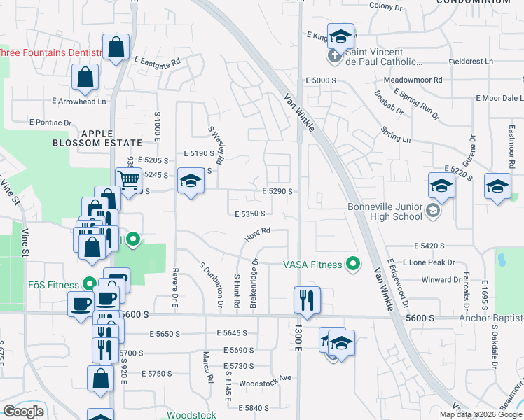 map of restaurants, bars, coffee shops, grocery stores, and more near 5334 Castlegate Drive in Salt Lake City