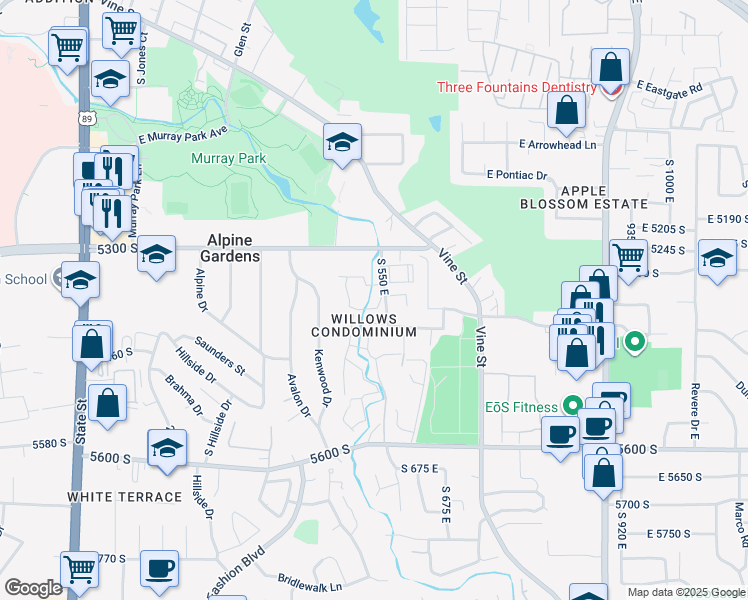 map of restaurants, bars, coffee shops, grocery stores, and more near 436 South 550 East in Murray