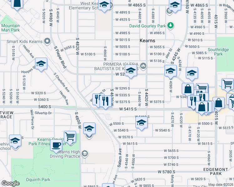 map of restaurants, bars, coffee shops, grocery stores, and more near 4594 West 5335 South in Kearns