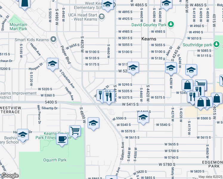 map of restaurants, bars, coffee shops, grocery stores, and more near 4661 West Caplan Street in Kearns