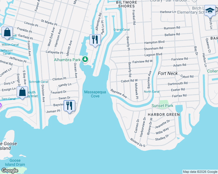 map of restaurants, bars, coffee shops, grocery stores, and more near 307 Bayview Avenue in Massapequa