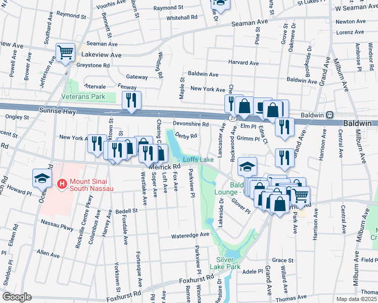 map of restaurants, bars, coffee shops, grocery stores, and more near 22 Derby Road in Baldwin