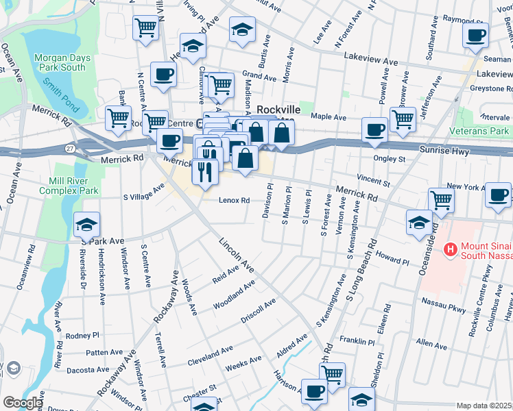 map of restaurants, bars, coffee shops, grocery stores, and more near 88 Lenox Road in Rockville Centre