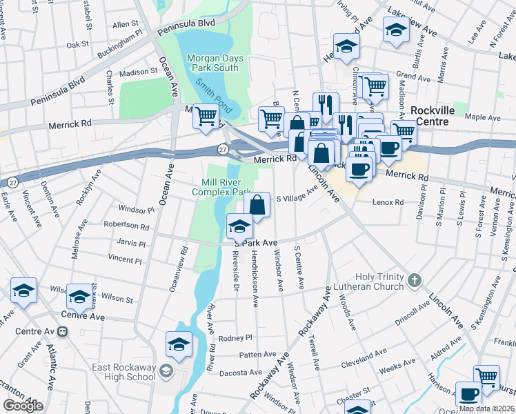 map of restaurants, bars, coffee shops, grocery stores, and more near 109 South Village Avenue in Rockville Centre