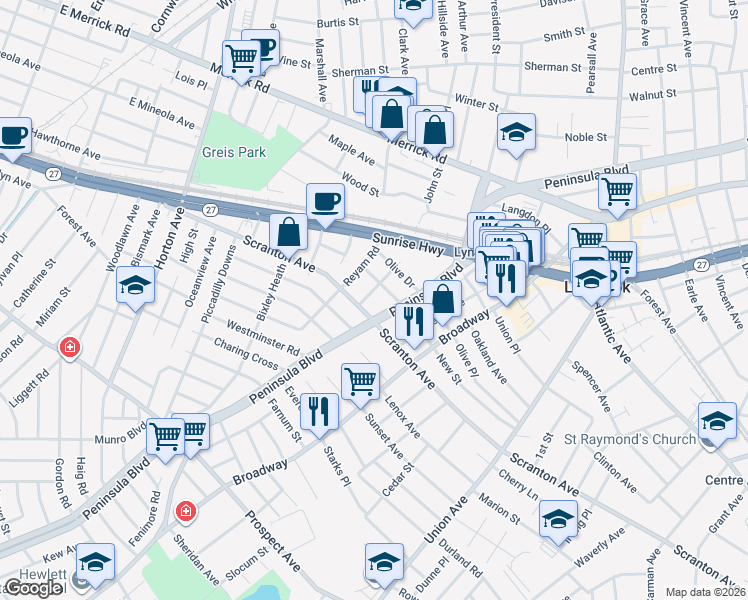 map of restaurants, bars, coffee shops, grocery stores, and more near 75 Sunrise Drive in Lynbrook