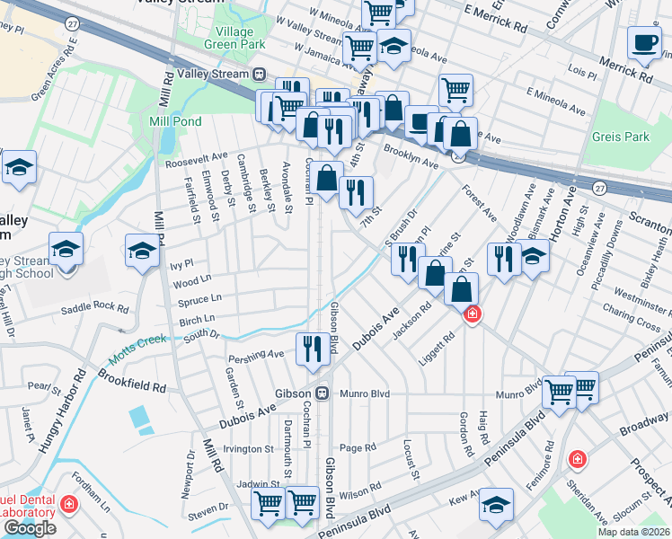 map of restaurants, bars, coffee shops, grocery stores, and more near 31 Gibson Boulevard in Valley Stream