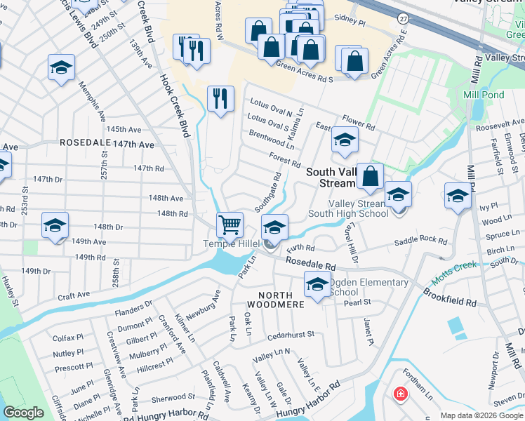map of restaurants, bars, coffee shops, grocery stores, and more near 55 Southgate Road in Valley Stream
