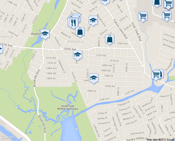 map of restaurants, bars, coffee shops, grocery stores, and more near 148-66 253rd Street in Queens