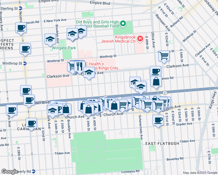 map of restaurants, bars, coffee shops, grocery stores, and more near 62 East 43rd Street in Brooklyn