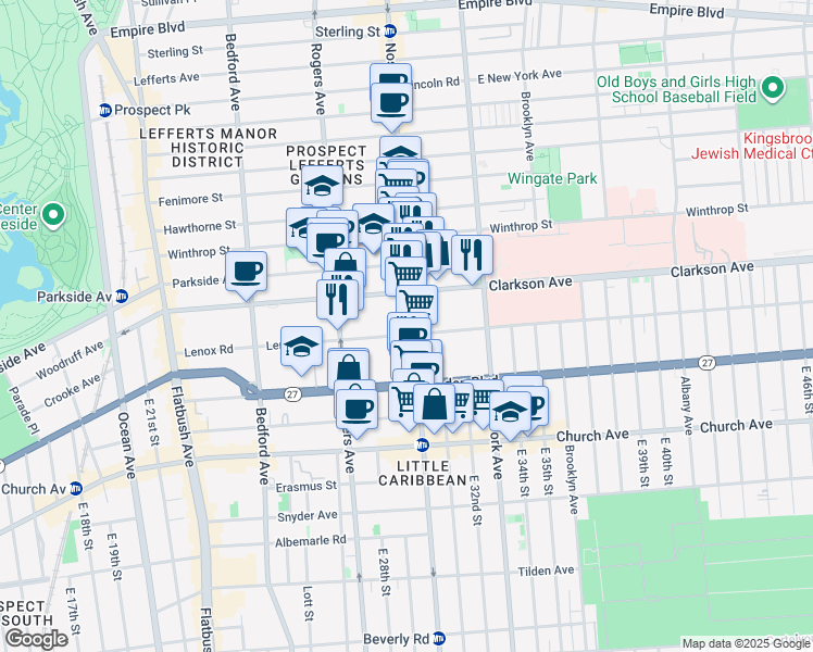 map of restaurants, bars, coffee shops, grocery stores, and more near 1308 Nostrand Avenue in Brooklyn