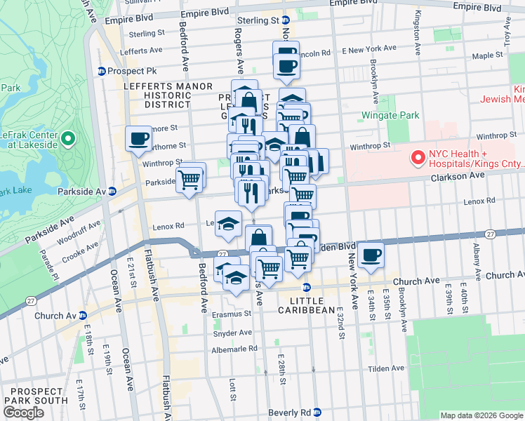 map of restaurants, bars, coffee shops, grocery stores, and more near 690 Rogers Avenue in Brooklyn